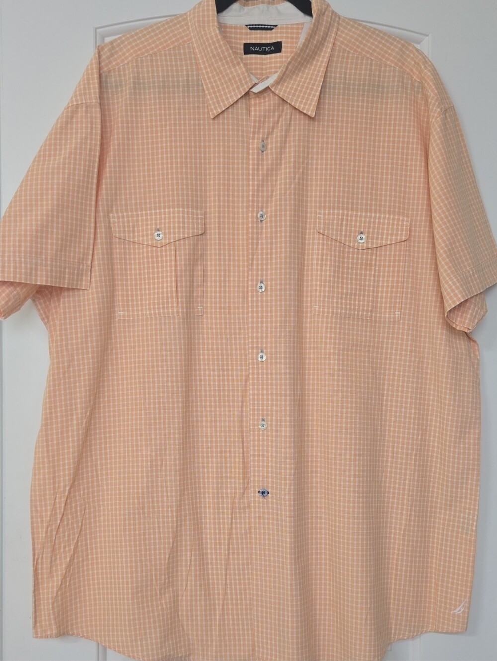 Nautica Men’s Short Sleeve Button-Down Shirt in Light Orange Check